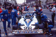 Photo of F1 Ligier with driver Jacque Laffite.  1977 F1 LBGP