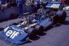 Photo of F1 Tyrell 6 wheel car.  1977 F1 LBGP