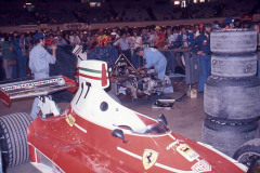 Photo of F1 Ferrari in its pit area in the Long Beach Auditorium.  1976 F1 LBGP