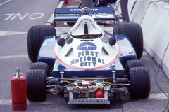 Photo of F1 Tyrell 6 wheel car in the pits.  1977 F1 LBGP
