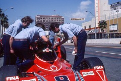 Photo of the F1 Brabham in pit row.  1976